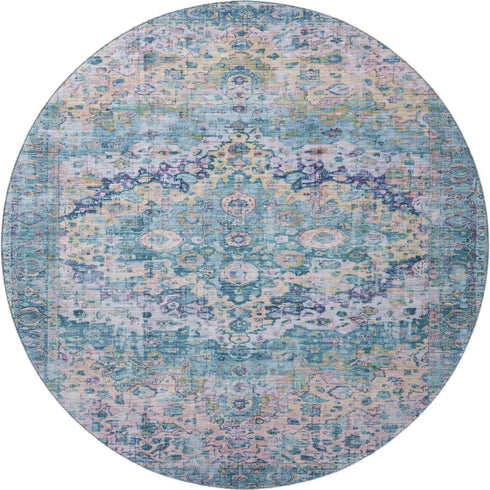 8' Denim Blue Beige And Wheat Oriental Washable Round Rug With UV Protection