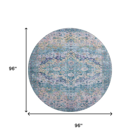 8' Denim Blue Beige And Wheat Oriental Washable Round Rug With UV Protection