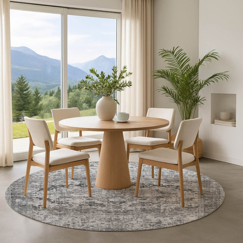 8' Gray And Silver Oriental Washable Round Rug With UV Protection