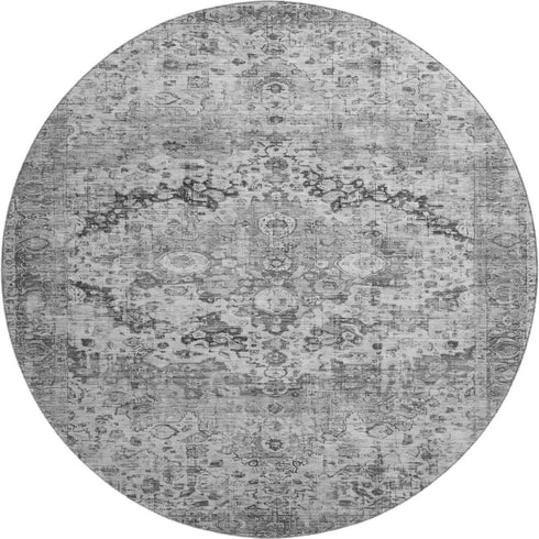 8' Gray And Silver Oriental Washable Round Rug With UV Protection