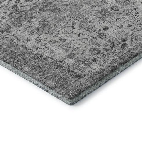 8' Gray And Silver Oriental Washable Round Rug With UV Protection