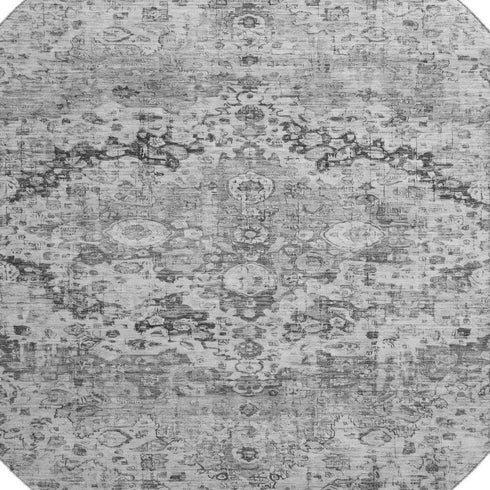 8' Gray And Silver Oriental Washable Round Rug With UV Protection