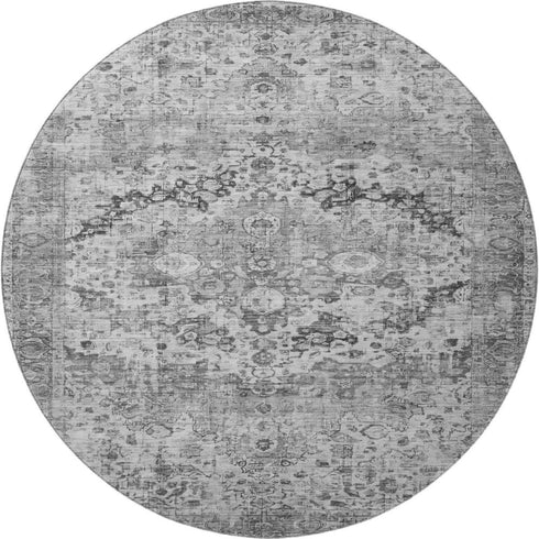 8' Gray And Silver Oriental Washable Round Rug With UV Protection