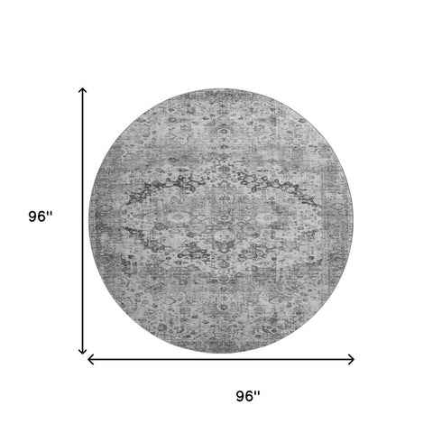 8' Gray And Silver Oriental Washable Round Rug With UV Protection