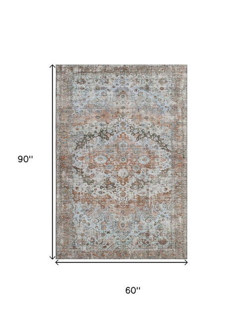 5' X 8' Rust And Beige Oriental Washable Area Rug With UV Protection