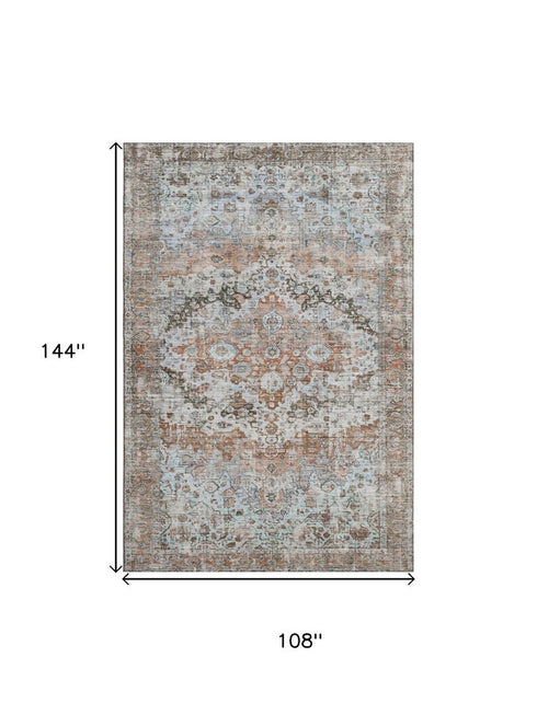 9' X 12' Rust And Beige Oriental Washable Area Rug With UV Protection