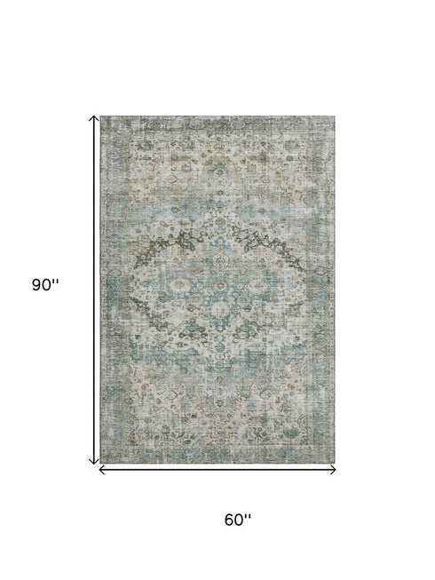 5' X 8' Sage Beige And Teal Oriental Washable Area Rug With UV Protection