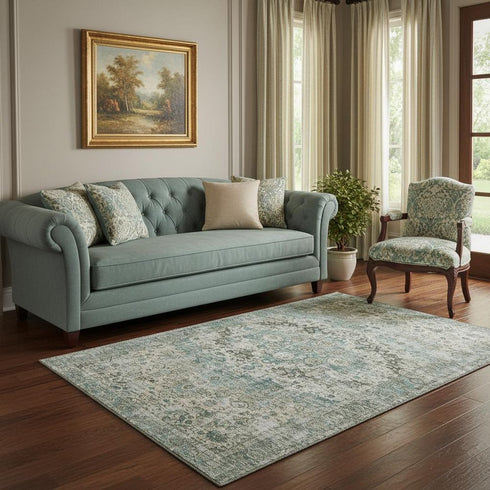 5' X 8' Sage Beige And Teal Oriental Washable Area Rug With UV Protection