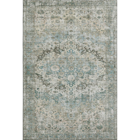 5' X 8' Sage Beige And Teal Oriental Washable Area Rug With UV Protection