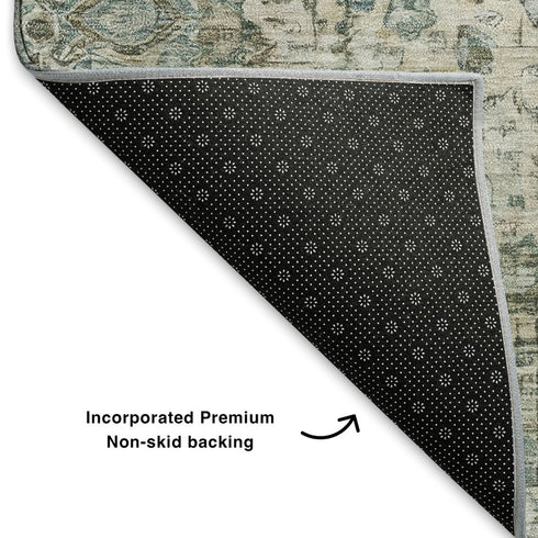 5' X 8' Sage Beige And Teal Oriental Washable Area Rug With UV Protection