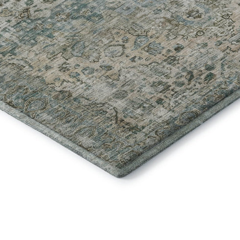 5' X 8' Sage Beige And Teal Oriental Washable Area Rug With UV Protection
