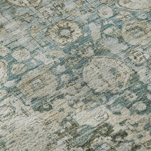 5' X 8' Sage Beige And Teal Oriental Washable Area Rug With UV Protection
