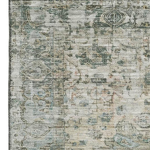 5' X 8' Sage Beige And Teal Oriental Washable Area Rug With UV Protection