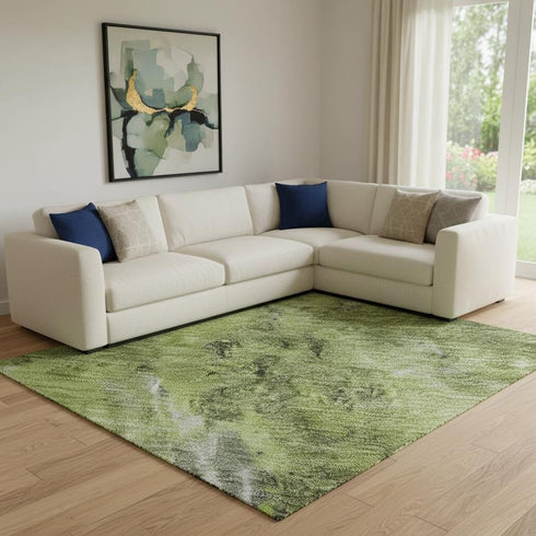 8' X 10' Artichoke Green Gray And Ivory Abstract Washable Area Rug With UV Protection