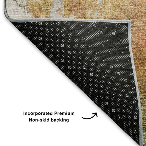 5' X 8' Fern Green Rust And Copper Abstract Washable Area Rug With UV Protection