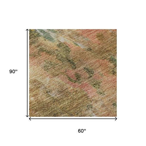5' X 8' Fern Green Rust And Copper Abstract Washable Area Rug With UV Protection