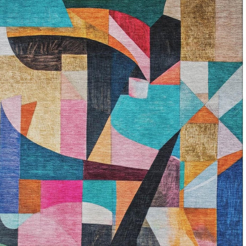 5' X 8' Blue Orange And Pink Abstract Washable Area Rug With UV Protection