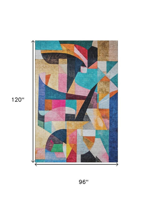 8' X 10' Blue Orange And Pink Abstract Washable Area Rug With UV Protection