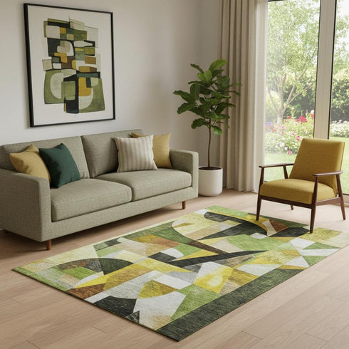 5' X 8' Green Black And Gold Abstract Washable Area Rug With UV Protection