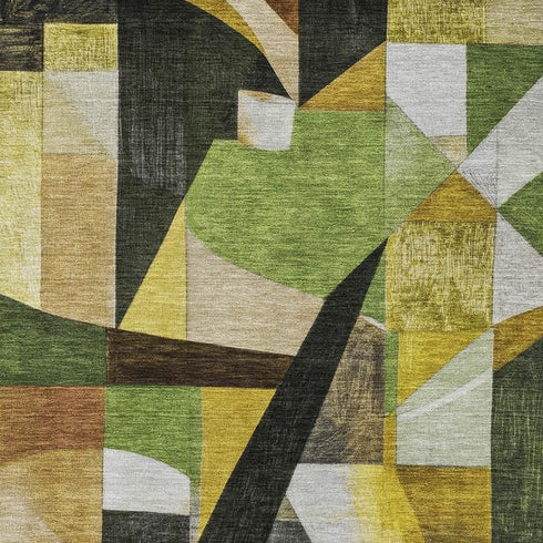 5' X 8' Green Black And Gold Abstract Washable Area Rug With UV Protection