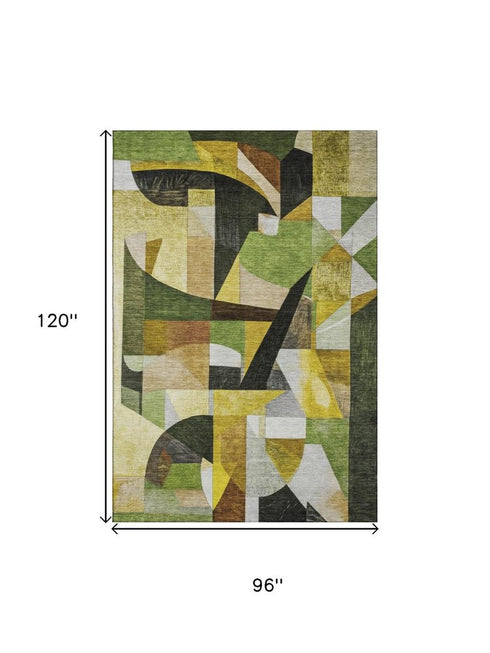 8' X 10' Green Black And Gold Abstract Washable Area Rug With UV Protection