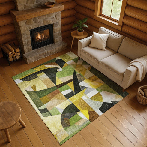 8' X 10' Green Black And Gold Abstract Washable Area Rug With UV Protection