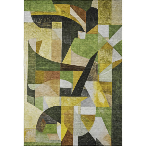 8' X 10' Green Black And Gold Abstract Washable Area Rug With UV Protection
