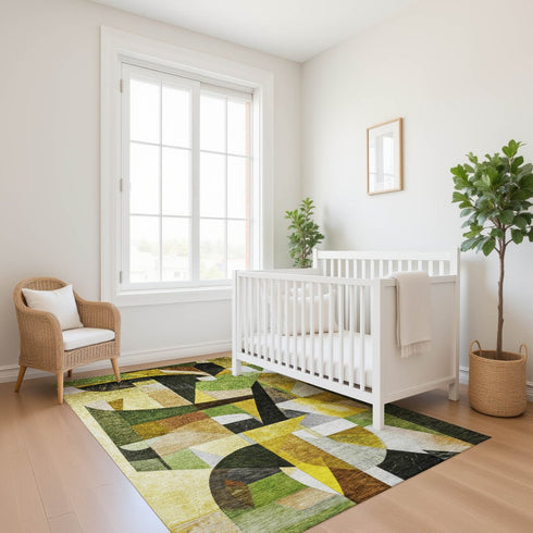 8' X 10' Green Black And Gold Abstract Washable Area Rug With UV Protection