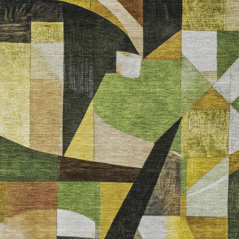 8' X 10' Green Black And Gold Abstract Washable Area Rug With UV Protection