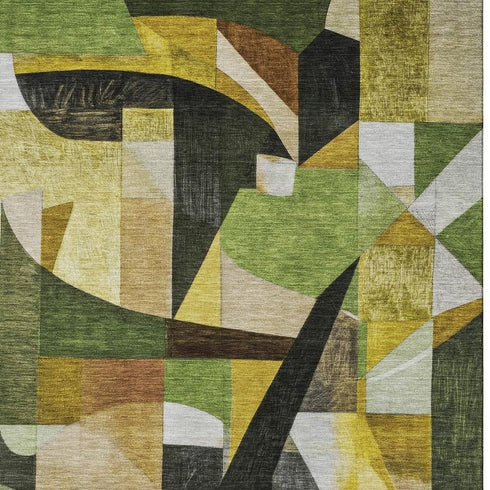 8' X 10' Green Black And Gold Abstract Washable Area Rug With UV Protection