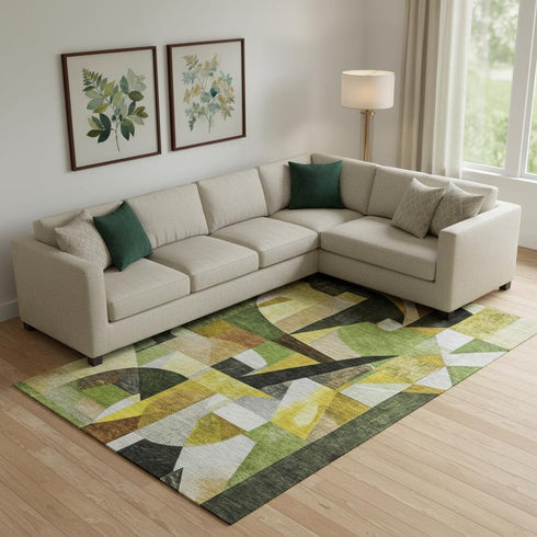 9' X 12' Green Black And Gold Abstract Washable Area Rug With UV Protection
