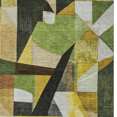 9' X 12' Green Black And Gold Abstract Washable Area Rug With UV Protection