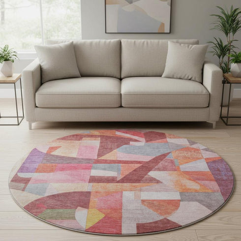 8' Rust Pink And Purple Abstract Washable Round Rug With UV Protection