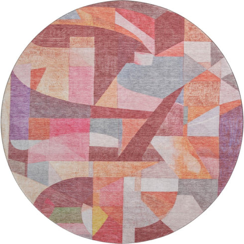 8' Rust Pink And Purple Abstract Washable Round Rug With UV Protection
