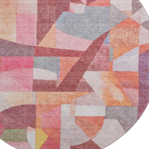8' Rust Pink And Purple Abstract Washable Round Rug With UV Protection