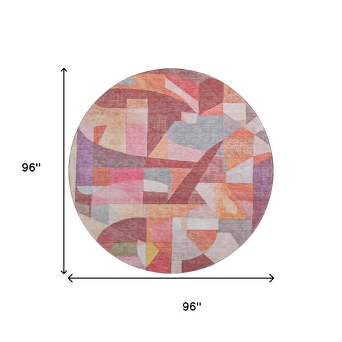 8' Rust Pink And Purple Abstract Washable Round Rug With UV Protection