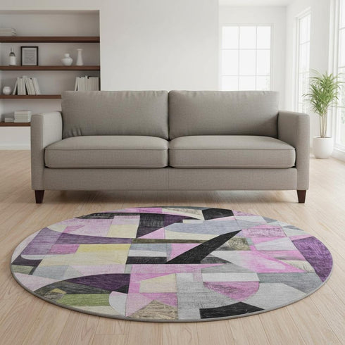 8' Purple Black And Yellow Abstract Washable Round Rug With UV Protection