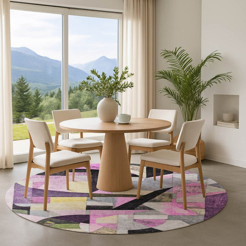 8' Purple Black And Yellow Abstract Washable Round Rug With UV Protection