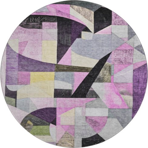 8' Purple Black And Yellow Abstract Washable Round Rug With UV Protection