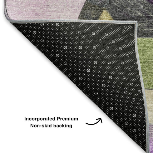 8' Purple Black And Yellow Abstract Washable Round Rug With UV Protection