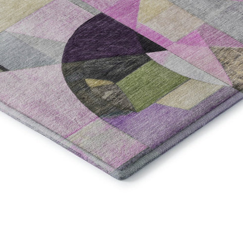 8' Purple Black And Yellow Abstract Washable Round Rug With UV Protection