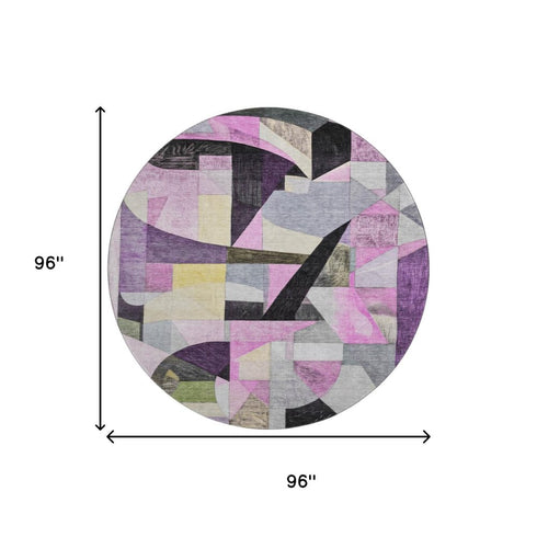 8' Purple Black And Yellow Abstract Washable Round Rug With UV Protection