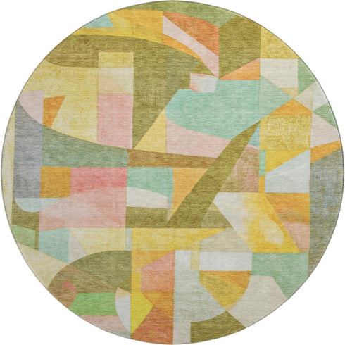 8' Wheat Pink And Olive Green Abstract Washable Round Rug With UV Protection