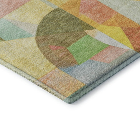 8' Wheat Pink And Olive Green Abstract Washable Round Rug With UV Protection