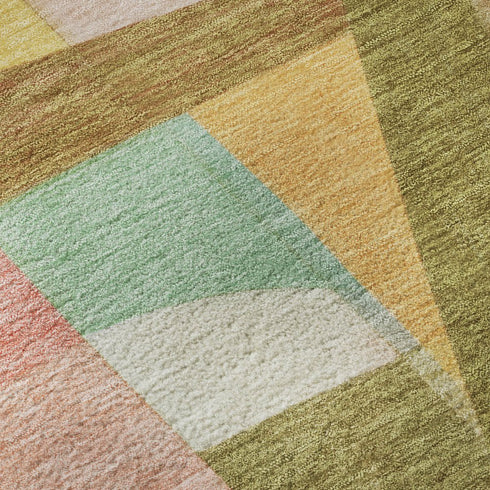 8' Wheat Pink And Olive Green Abstract Washable Round Rug With UV Protection
