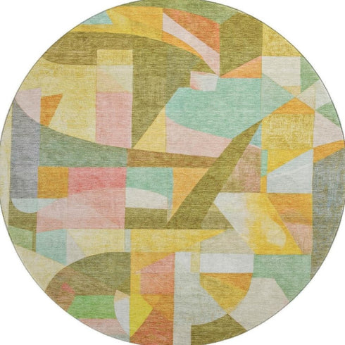 8' Wheat Pink And Olive Green Abstract Washable Round Rug With UV Protection