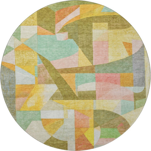 8' Wheat Pink And Olive Green Abstract Washable Round Rug With UV Protection