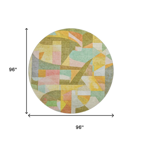 8' Wheat Pink And Olive Green Abstract Washable Round Rug With UV Protection