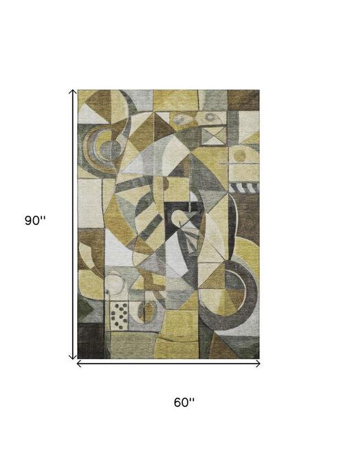 5' X 8' Brown Black And Gray Abstract Washable Area Rug With UV Protection