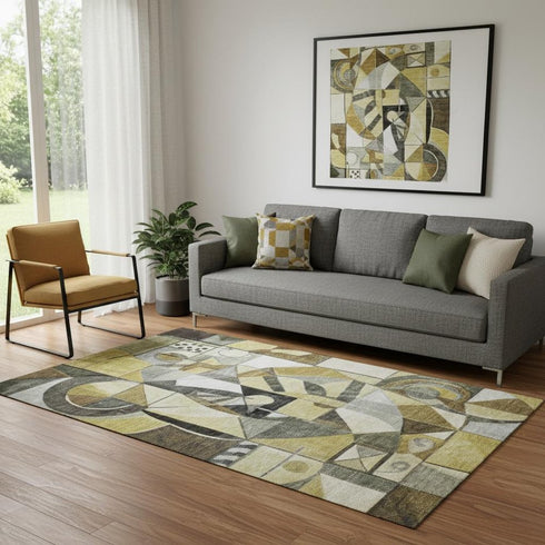 5' X 8' Brown Black And Gray Abstract Washable Area Rug With UV Protection
